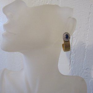 Gold Tone, Pave' Set Crystals, Faux Sapphire Earrings